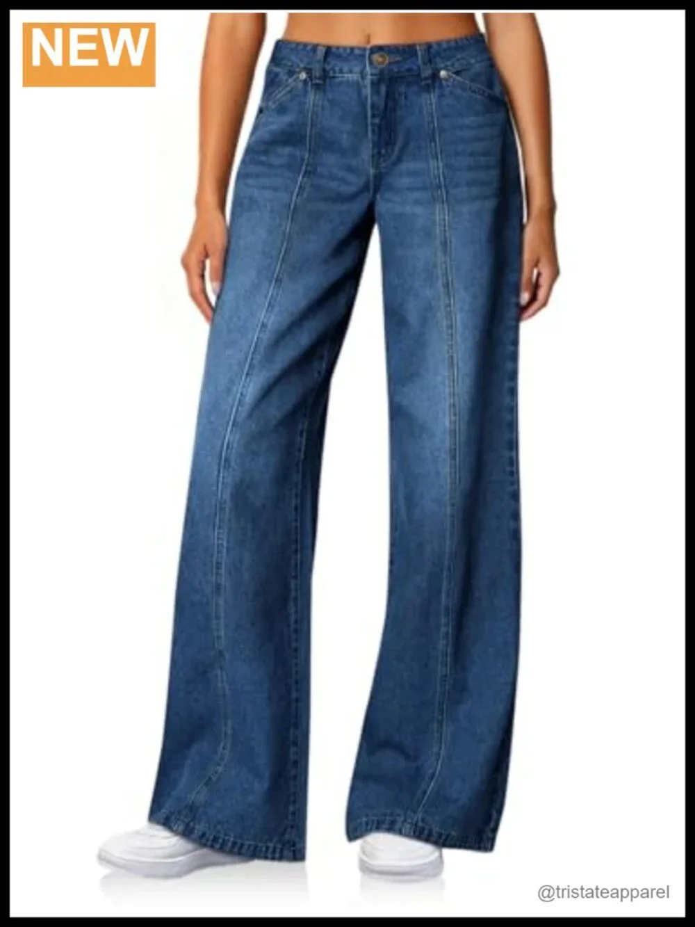 High Waisted Wide Leg Baggy Jeans with Pockets Front Seam Stretch Denim
